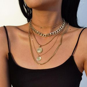 Pendant Necklaces 2023 Collar Punk Thick Chain Gold Color Necklace For Women Female Fashion Multilevel Geometric Round Coin Jewely Gift