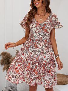 Casual Dresses Vintage Print Dres Summer Mini Female V Neck Butterfly Sleeve Ladies Lose Holiday Beach 230426