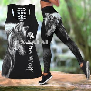 Suits Night Dark Wolf Animal Two Piece Yoga Set Women 3D Print Vest Hollow Out Tank Top High midje Legging Summer Casual Sport1