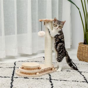 Arranhadores interativos de madeira para gatos, brinquedo interativo com dupla camada rotativa, pista inteligente, poste para arranhar com bola pendurada, brinquedos interativos para animais de estimação