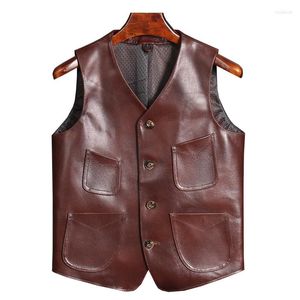 Mäns västar Män äkta läderväst vintage kohud ärmlösa jackor mörkbrun casual cyklist Waistcoat Slim Fit High Quality