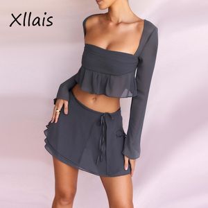 スーツxllais sheer chiffonセクシーな2ピースセットスクエアネックトップとミニアリンクスカートセット夏の女性スーツ