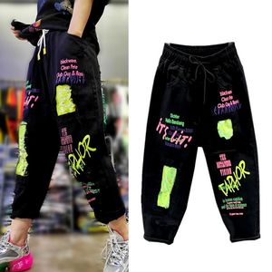 Jeans High Street Summer Nowe dżinsy dżinsowe dżinsy dżinsy feminino rock litera drukowane spodnie dżinsowe spodnie capris bf dżinsy nz192