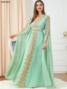 Abbigliamento etnico Abito da sera da donna Elegante manica lunga in chiffon Festa ricamo floreale Pannello in pizzo con cintura Jilbab Abaya Caftano marocchino 230426