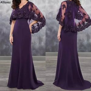 Grape Purple Elegant Satin Mother Of The Bride Dresses With Lace Beaded Cape Jacket Formal Occasion Long Mermaid Wedding Guest Party Gowns For Women Plus Size CL2215