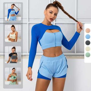 Yoga-Outfit Yoga-Set Nahtlose Sportbekleidung Damen Trainingsanzüge 2 STÜCKE Zweiteilige Gymnastik-Shorts-Sets Sexy BH Langarm-Trainingsshorts Fitnessanzüge P230504