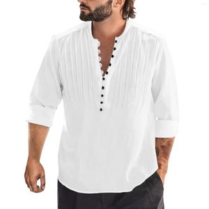 Camisetas masculinas de algodão Button Casual Round Color Color Sólida Camisa de manga comprida em pé