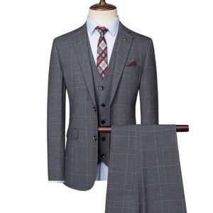 Ternos masculinos Blazers JacketVestpants Men's Luxury Suits Korean Slim Business Suit Grey Plaid Groomsman 3 PCs Conjunto Drees Trousers Coloque Blazer 230427