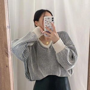 Women's Sweaters Black White Striped Pullover Knitted Sweater Women Mid-Length Korean Chic Jumpers Autumn Fashion Harajuku Vintage Tops 2023