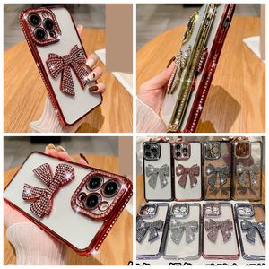 Bowknot Bling Diamond Side Chromed Cases For Iphone 15 14 Pro Max Plus 13 12 11 Luxury Bling Bow Metallic Rhinestone Plating Clear Soft TPU Girls Fine Hole Phone Cover