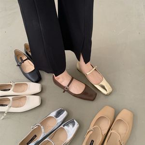Klänningskor Spring Square Toe Ballet Shoes Fashion Low Heel Mary Jane Shoes Casaul Silver Shallow Buckle Soft Sole Shoes