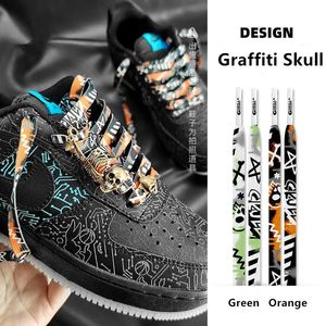 Sko delar tillbehör design graffiti skalle tryck skosnör män trend personlighet sport casual hightop platt canvas skor snören dropship 231127