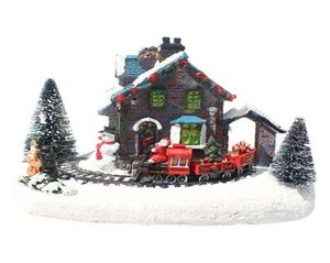 창조적 인 색상 LED 조명 크리스마스 작은 기차 마을 집 빛나는 풍경 눈 인형 수지 데스크톱 장식 XMAS K0AB G2448550