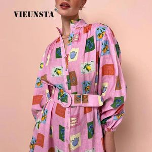 Casual Dresses Elegant Loose Tie-Up Stand Collar Shirt Dress Women Fall Boho Print Pink Maxi Fashion Geometric Cartoon Pattern Long