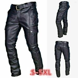 Men's Pants Men Leather Slim PU Autumn Black For Fit Skinny Multiple Pockets And Large Sizes Trousers