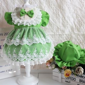 Vestidos de verão novo verde roupas para cães de estimação fino artesanal 100% algodão bonito gravata borboleta com chapéu vestido de cachorro para pequeno médio cão poodle outfits