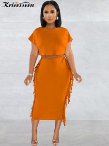 Work Dresses Kricesseen Sexy Solid Tassel Details Skirt Set Women Short Sleeve Top And Midi Suits Clubwear Festival Outfits