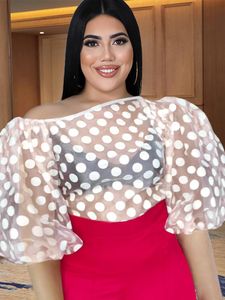 Toppar plus size tops 4xl vit svart puffhylsa polka dot sexig se genom tröjor för damer kväll cocktail club party blus 2022