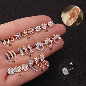 Shiny Flower Moon Ear Bone Nail Earrings Stud Creative Cubic Zircon Earbone Studs Rostfritt stål Skruv Backanti Allergi Fin Rod Earnail Vitt guld rostfritt stål