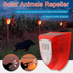 Solar Security Alarm Lights 129dB Gunshot Sounds Dog Barking Sound Light Strobe Warning Lamp for Outdoor Farm Barn Courtyard