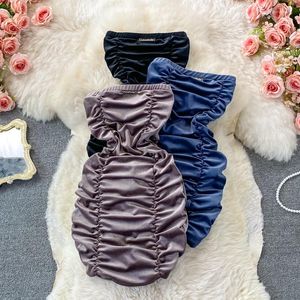 Casual Dresses French Super Sexy Off Shoulder Strapless Pleated Mini Dress Girl Midjan Stäng elastisk sammet kvinnor Bodycon Club Party ol