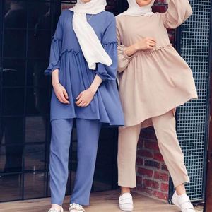 Dress Muslim Two Piece Set Women Abaya Caftan Marocain Soild Tops+Pants Ramadan Khimar Dubai Hijab Suit Traf Clothes Loose Muslim Sets