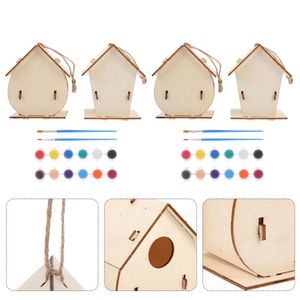 Ninhos casa de pássaro kit de madeira diy pintura crianças pendurado madeira inacabado kits de ninho pintura artesanato casas conjunto artes brinquedos birdhouses