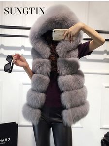 Fur Sungtin 6 Color High Quality Soft Thick Warm Vest Hoodie Female Black Faux Fox Fur Mink Sleeveless Hooded Coat Women Winter 2022