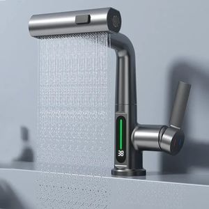 Rubinetti della cucina Cascata Temperatura Display digitale Rubinetto del lavabo Sollevare Giù Spruzzatore Acqua fredda Lavello Miscelatore Rubinetto per il bagno 231127