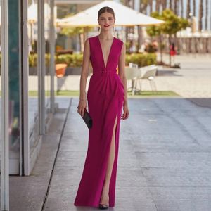 Elegant Fuchsia Evening Dress 2024 Sexy Front Slit Mermaid Prom Formal Gown Deep V-neck Birthday Party Dresses Robe de Soiree