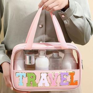 Cosmetic Bags Cases Preppy Clear TRAVEL Makeup with Chenille Letter STUFF Patches Large Make up Bag Zipper Pouch Handle 231127