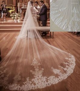 Bridal Veils Real Pos 4M Long 3M Wide Cathedral Length Wedding Lace Appliqued Head With Comb Accessories Velos De Novia