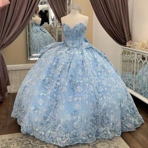 Sky Blue Off ramię quinceanera sukienka balowa kwiecista aplikacja księżniczka sukienka koronki koraliki łuk