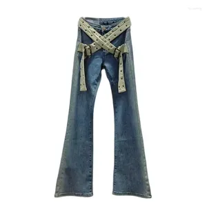 Kvinnors jeans Stylish Vintage Belted for Women 2023 Autumn High Street Boot-Cut Pants Mujer Fashion Trousers Y4424