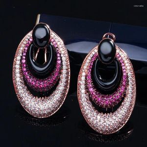 Dangle Earrings Rose Gold Plated Cubic Zirconia Bridal Big Party Large Round Black Hoop