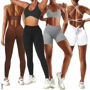 Yoga Outfit 2023 1/2 STÜCKE Rücken V Hintern Yoga Set Frauen Hohe Taille Fitness Workout Fitnessstudio Laufen Scrunch Leggings Hose Jogging Active Wear Anzug P230504