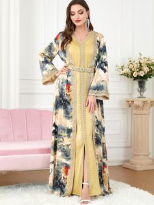 Abbigliamento etnico Marocco Abito da festa musulmana Abaya Donna Set 2 pezzi Abiti islamici Cintura Ricamo Caftano Vestidos Maxi Abaya Elegante caftano 230426