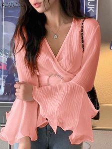 Blouse ZANZEA Elegant Flare Sleeve Chiffon Blouse Femme Fashion Sheer Shirts Vintage V Neck Thin Blusas Women Belted Summer Wrap Tops