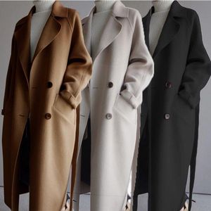 Fur Fur Long Trench Coats Kobiety Wool Blend Jacke 2022 Luksusowe ubrania zimowe panie beżowe eleganckie koreańskie modne kurtka z paskiem