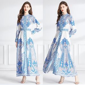 Vintage Paisley Floral White Maxi Dress Robe Woman Designer Stand Collar Slim Elegant Vacation Shirt Dresses 2023 Spring Fall Long Sleeve Black Party Runway Frocks