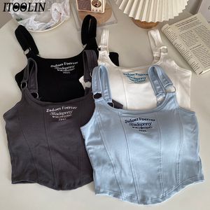 Womens Tanks Camis ITOOLIN Embroidery Letter Tops With Bra Pad Casual Y2K Crop For Shoulder Belt Iron Ring 230426