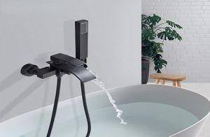 Matte Black Bathroom Tub Faucet Single Handle Waterfall Spout with Hand Shower Cold Water Mixer Tap Wall Mount Bath Faucet1473115