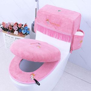Täcker 3 st/set broderi toalettstol täckning mjuk sammet toalettmatta överrock toalettfodral vattenbehållare dammtät täcktoalettring