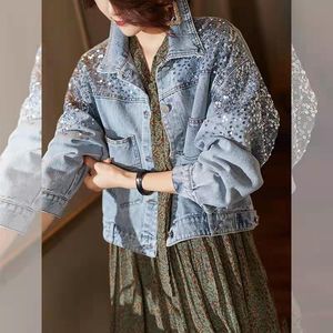 Kvinnorjackor Spring Autumn Women's Denim Jacket Korean Fashion Plus Size Sequins Loose Cropped Jacket Coat Long Sleeve Top ZA 230427