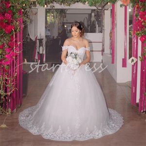 Vestido de noiva estilo jardim country com renda fora dos ombros uma linha tule apliques plus size vestido de noiva trem varredura vestidos de novia 2024 lindo robe de mariage