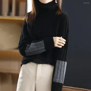 Женские свитера, женский свитер, уютная стильная зимняя водолазка с защитой шеи, цветной блок, лоскутный теплый вязаный мягкий пуловер