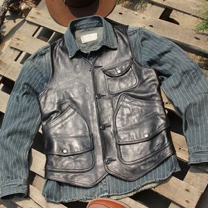 Men's Vests Japanese Retro Leather Waistcoat Men's Sheepskin Motorcycle Biker Vest Multi Pocket Black Genuine Sleeveless Jackets