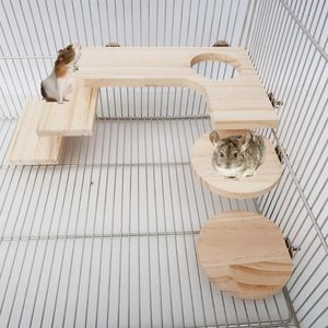 Giocattoli Scoiattolo Gerbil Criceto nano Piattaforma in legno a forma di L rettangolare rotonda Confezione da 5 accessori per gabbia in legno naturale