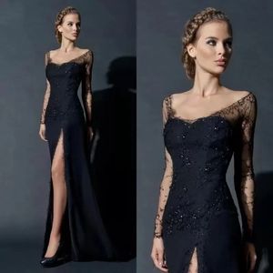 Abito da sera arabo sexy in pizzo nero 2024 maniche lunghe illusione scollo a barca perline spacco lungo sirena abiti da ballo formale da donna Robe De Soiree