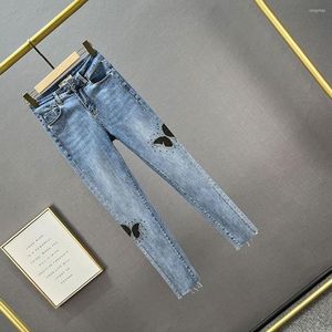 Kvinnors jeans sommarfjäril tryck Burr blå kvinna hög midja fötter byxor damer casual blyerts kvinnor rhinestones denim byxor